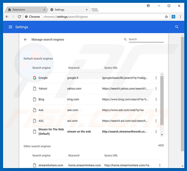 Removing home.streamontheweb.com from Google Chrome default search engine