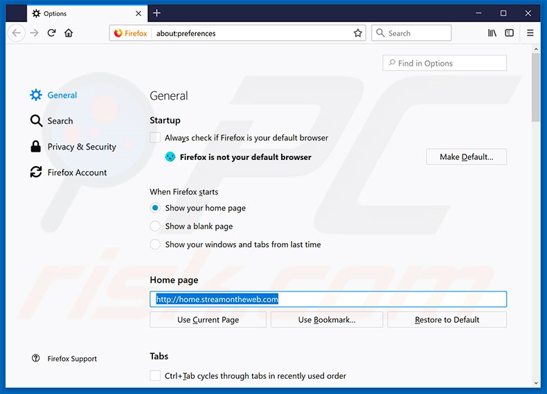 Removing home.streamontheweb.com from Mozilla Firefox homepage