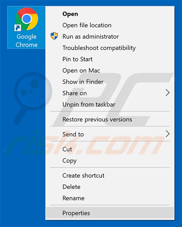 Removing surfnav.com from Google Chrome shortcut target step 1