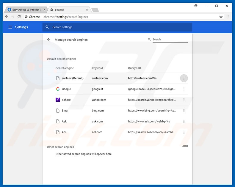 Removing surfnav.com from Google Chrome default search engine