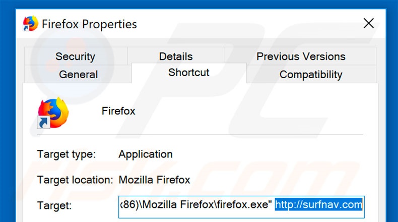 Removing surfnav.com from Mozilla Firefox shortcut target step 2