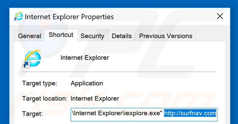 Removing surfnav.com from Internet Explorer shortcut target step 2