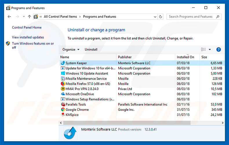 System Keeper adware uninstall via Control Panel