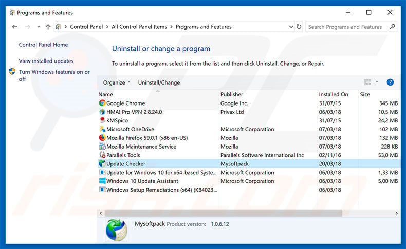 Update Checker adware uninstall via Control Panel