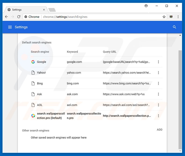 Removing search.wallpaperscollection.pro from Google Chrome default search engine