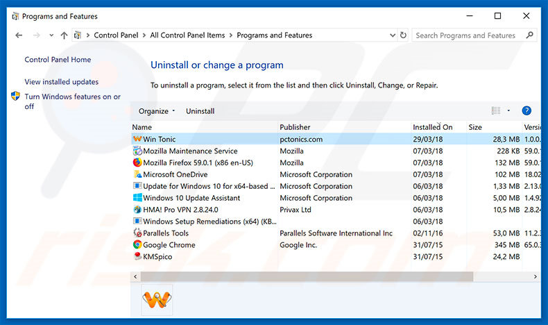 Win Tonic adware uninstall via Control Panel