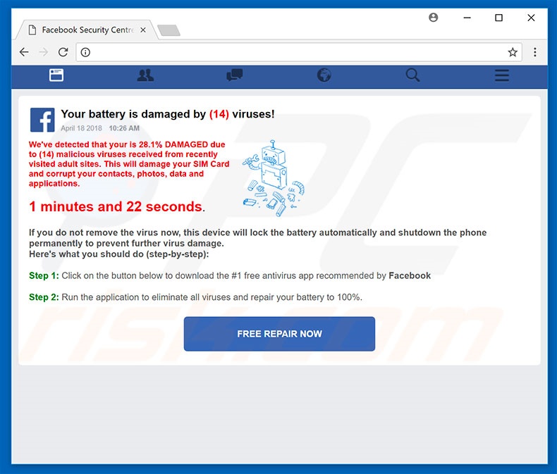 Your Battery is Damaged By Viruses popup displaying website