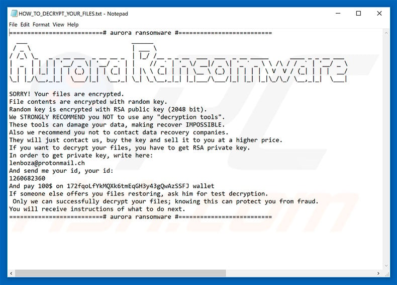 Aurora ransomware ransom note (HOW_TO_DECRYPT_YOUR_FILES.txt)