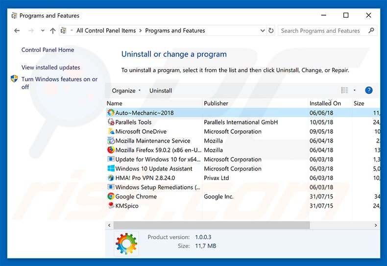 Auto Mechanic 2018 adware uninstall via Control Panel