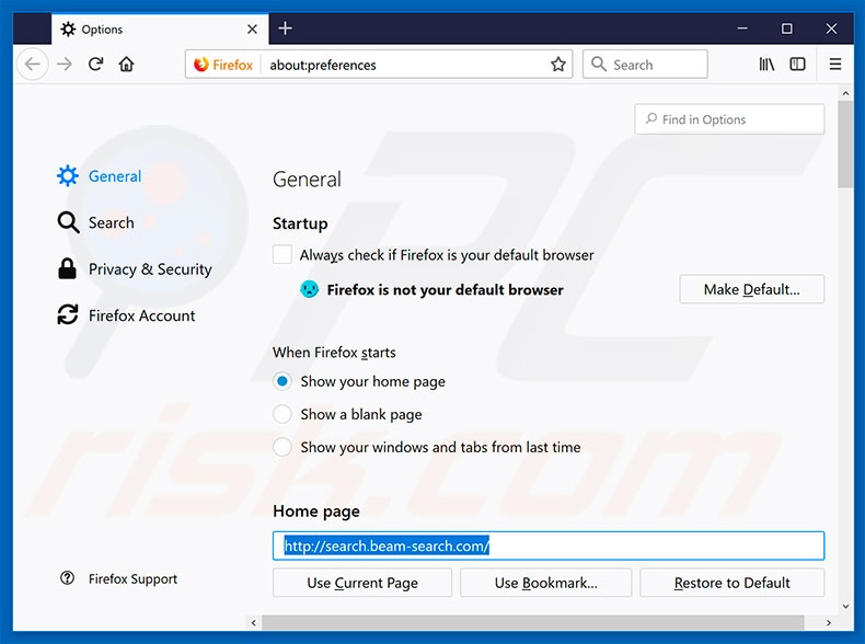 Removing search.beam-search.com from Mozilla Firefox homepage