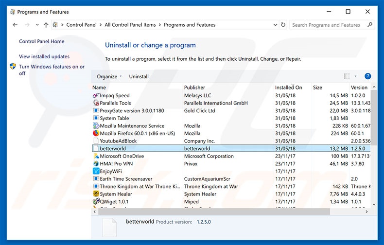 BetterWorld adware uninstall via Control Panel