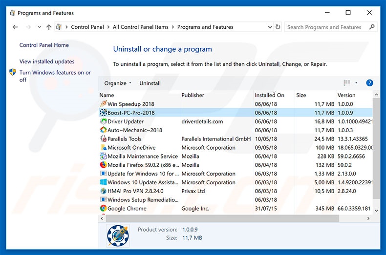 Boost PC Pro 2018 adware uninstall via Control Panel