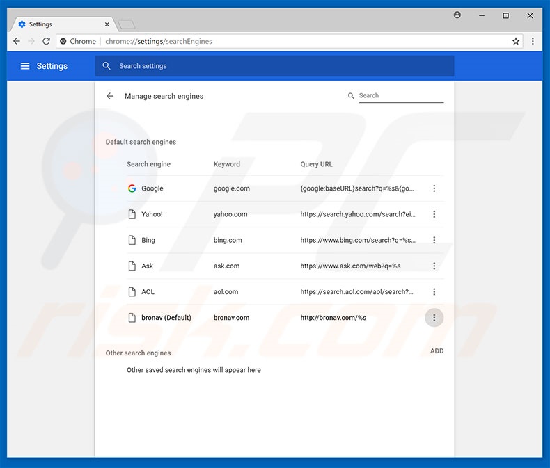 Removing bronav.com from Google Chrome default search engine
