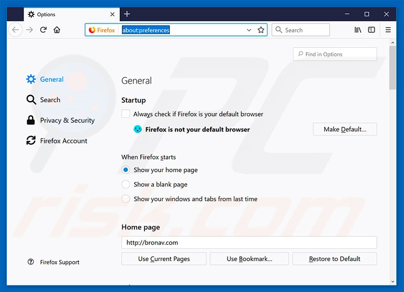 Removing bronav.com from Mozilla Firefox homepage