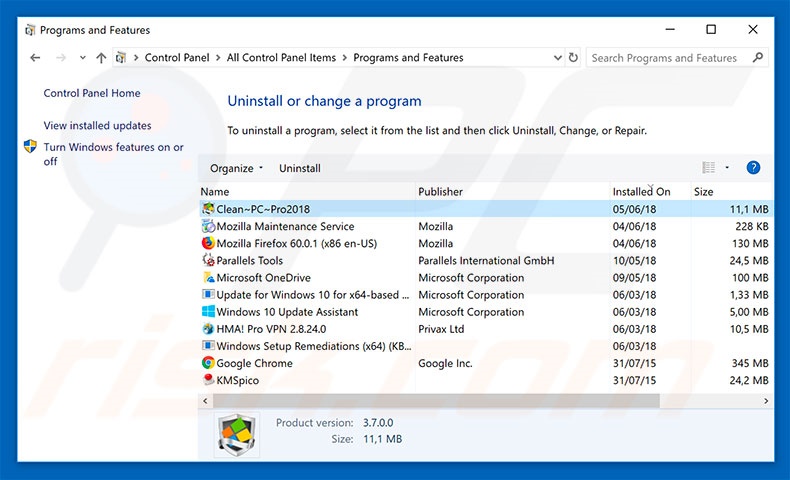Clean PC Pro 2018 adware uninstall via Control Panel