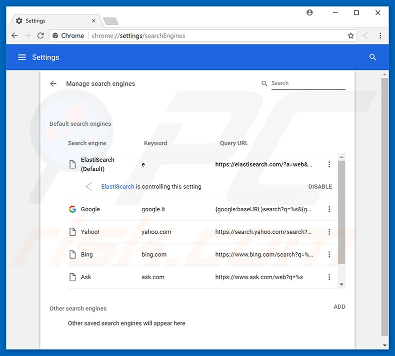 Removing elastisearch.com from Google Chrome default search engine