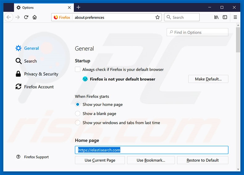 Removing elastisearch.com from Mozilla Firefox homepage