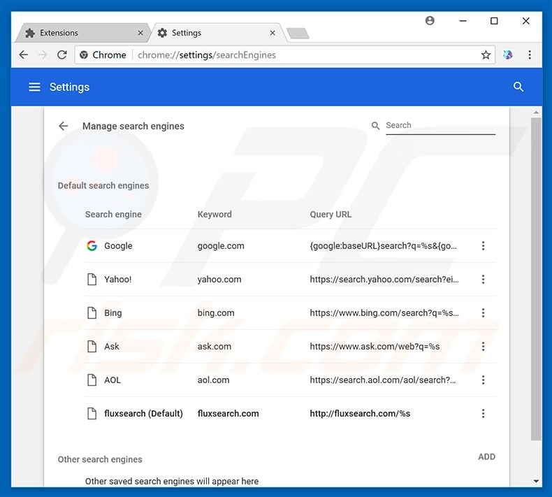 Removing fluxsearch.com from Google Chrome default search engine