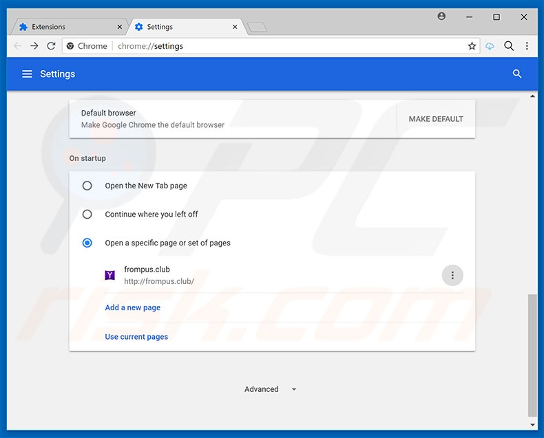 Removing frompus.club from Google Chrome homepage