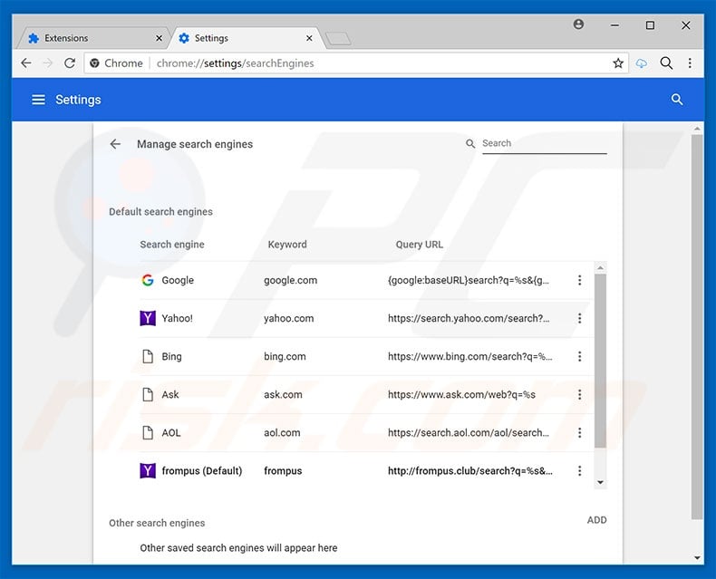 Removing frompus.club from Google Chrome default search engine