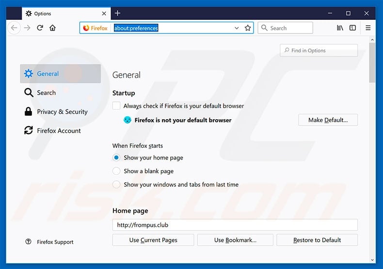 Removing frompus.club from Mozilla Firefox homepage