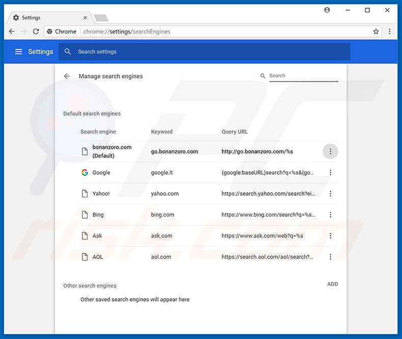 Removing go.bonanzoro.com from Google Chrome default search engine