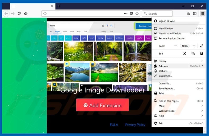 Removing Google Image Downloader ads from Mozilla Firefox step 1