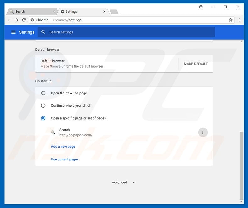 Removing go.pajosh.com from Google Chrome homepage