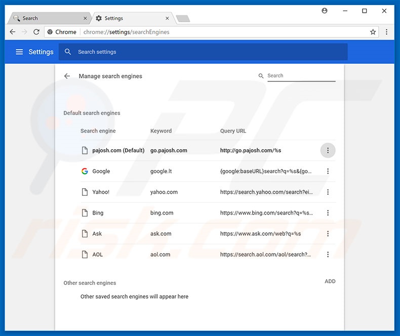 Removing go.pajosh.com from Google Chrome default search engine