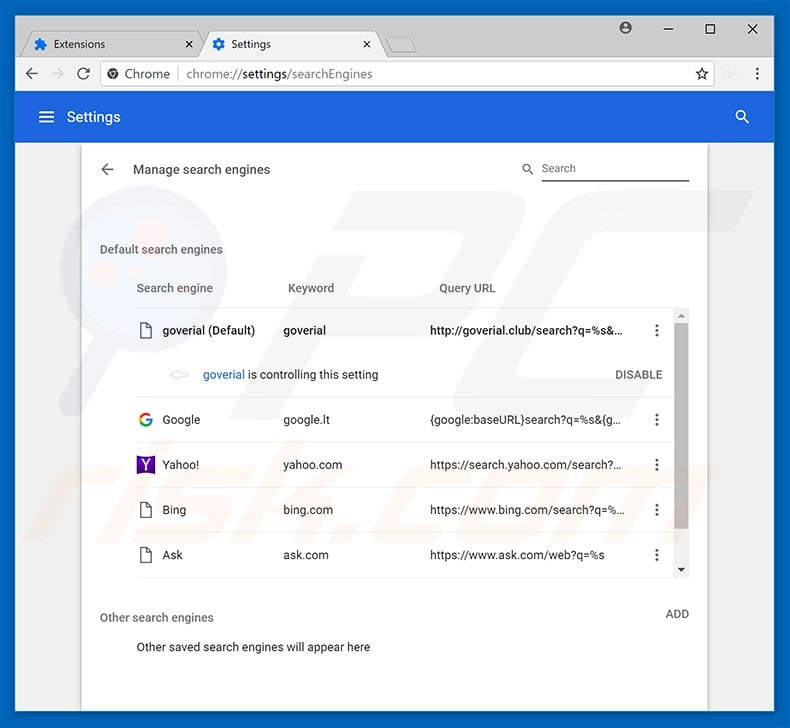Removing goverial.club from Google Chrome default search engine