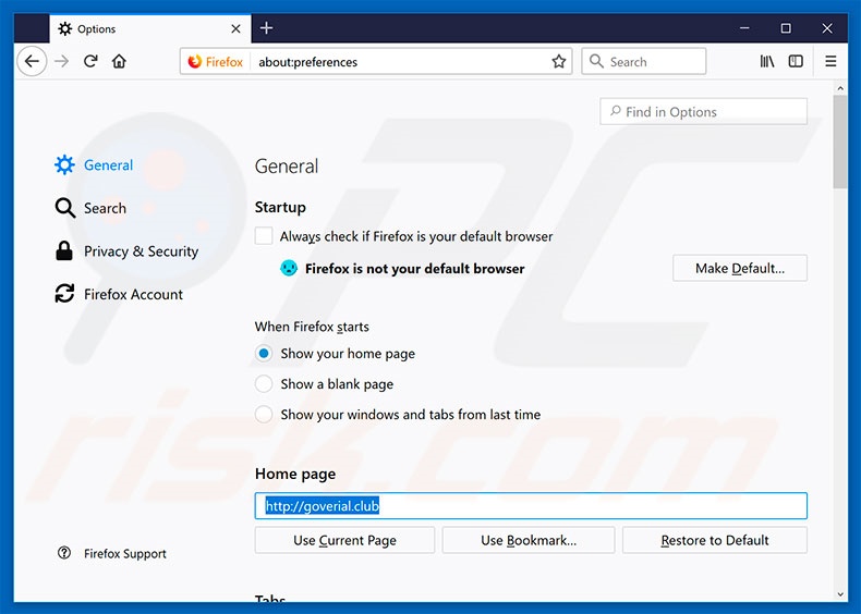 Removing goverial.club from Mozilla Firefox homepage