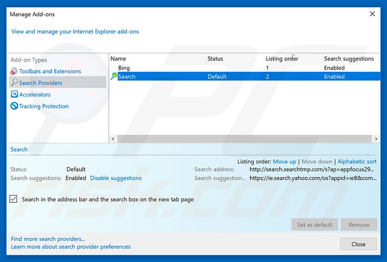 Removing goverial.club from Internet Explorer default search engine