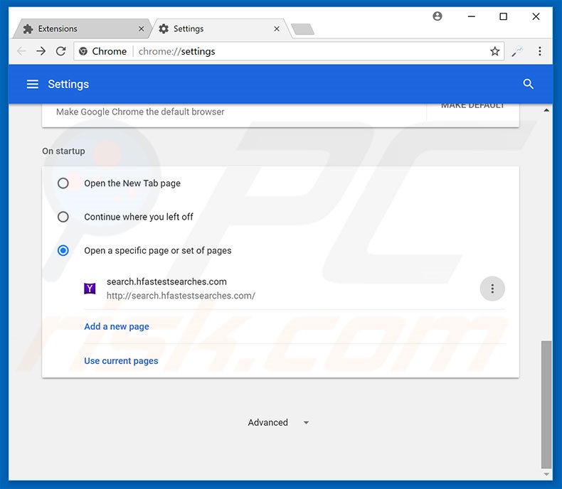 Removing search.hfastestsearches.com from Google Chrome homepage