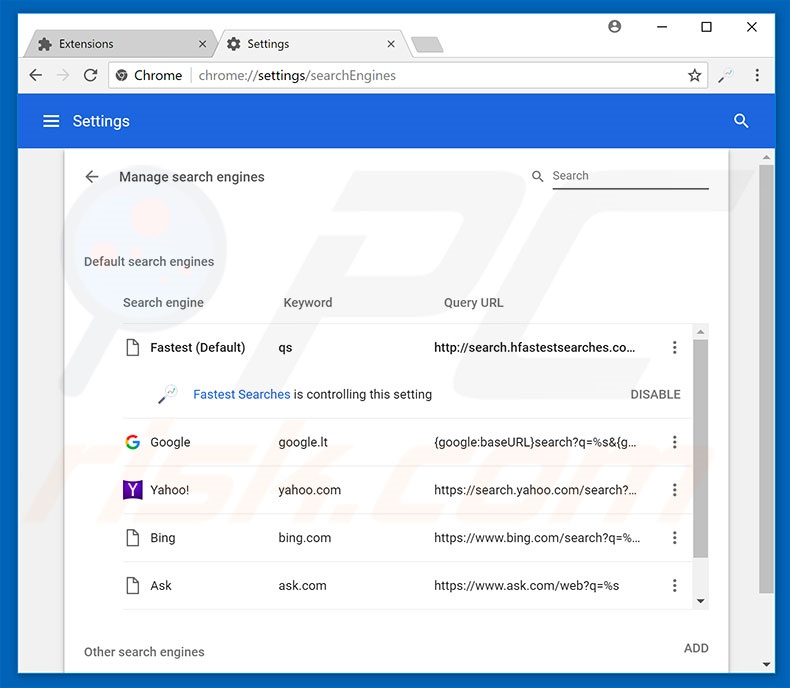 Removing search.hfastestsearches.com from Google Chrome default search engine