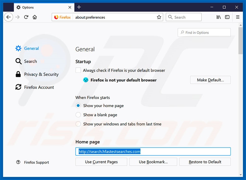 Removing search.hfastestsearches.com from Mozilla Firefox homepage