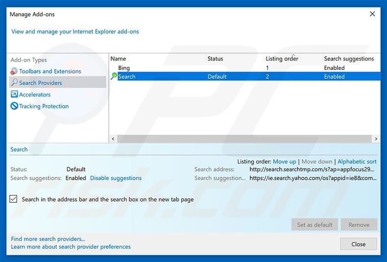Removing search.hfastestsearches.com from Internet Explorer default search engine