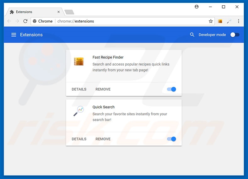 Removing search.hfastrecipefinder.com related Google Chrome extensions