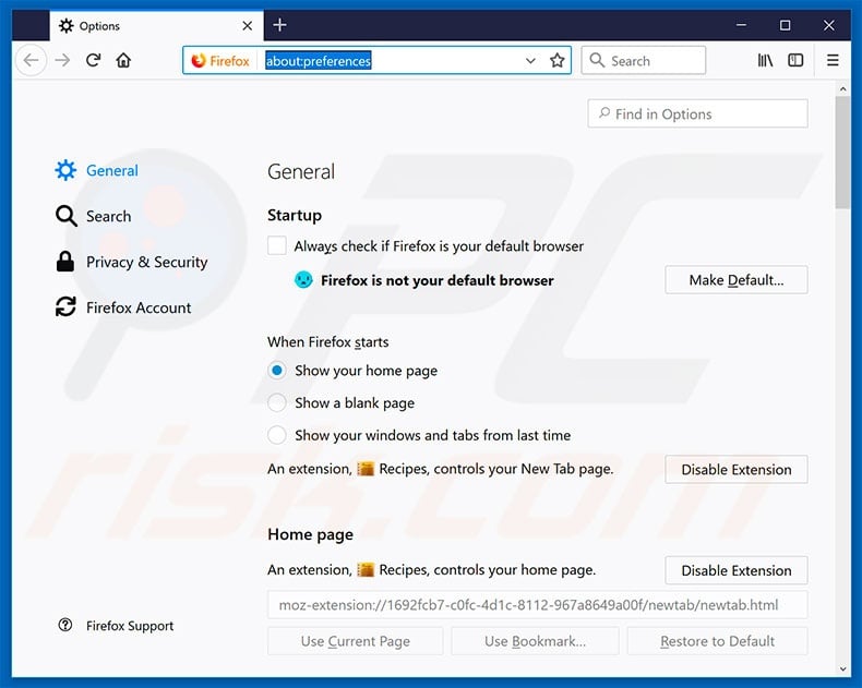 Removing search.hfastrecipefinder.com from Mozilla Firefox homepage
