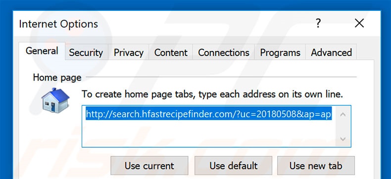 Removing search.hfastrecipefinder.com from Internet Explorer homepage