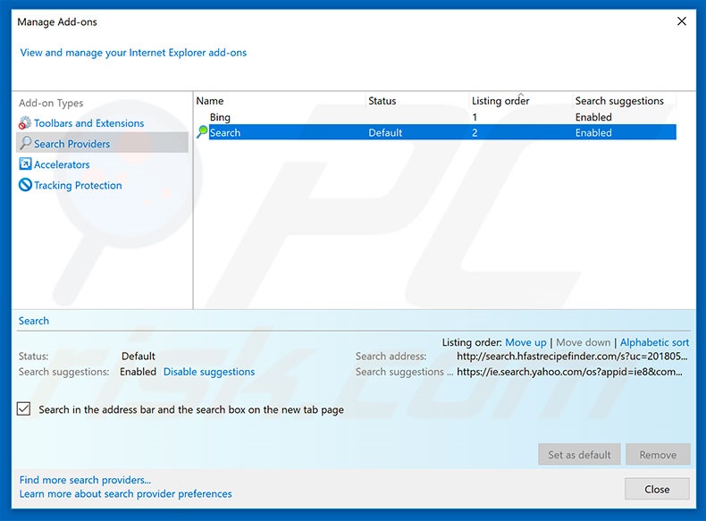 Removing search.hfastrecipefinder.com from Internet Explorer default search engine