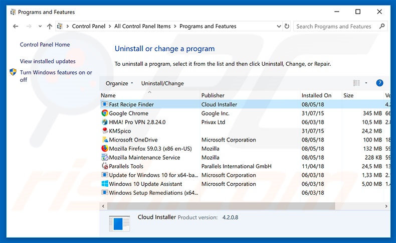 search.hfastrecipefinder.com browser hijacker uninstall via Control Panel