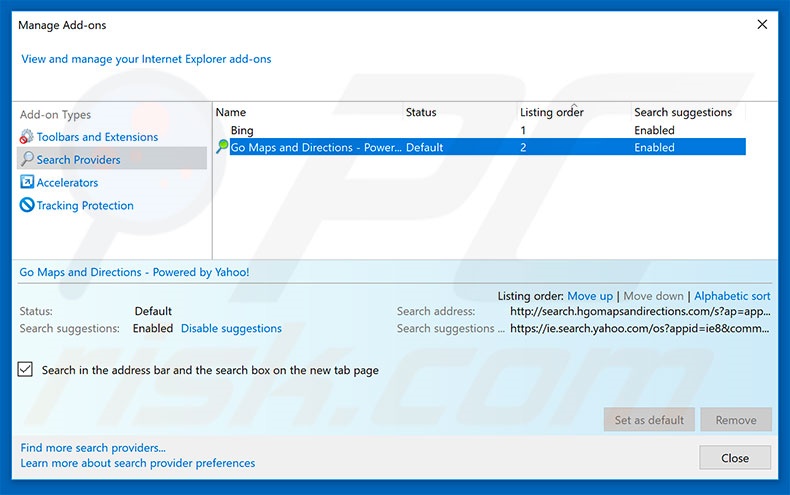 Removing search.hgomapsandirections.com from Internet Explorer default search engine
