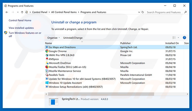 search.hgomapsandirections.com browser hijacker uninstall via Control Panel