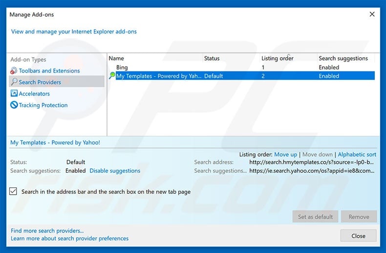 Removing search.hmytemplates.co from Internet Explorer default search engine