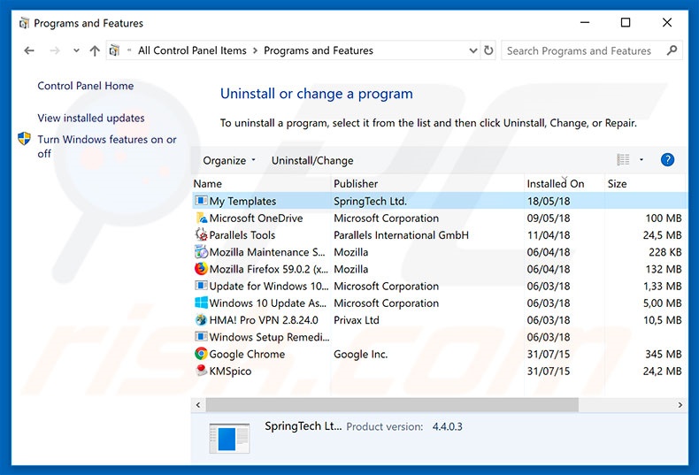 search.hmytemplates.co browser hijacker uninstall via Control Panel