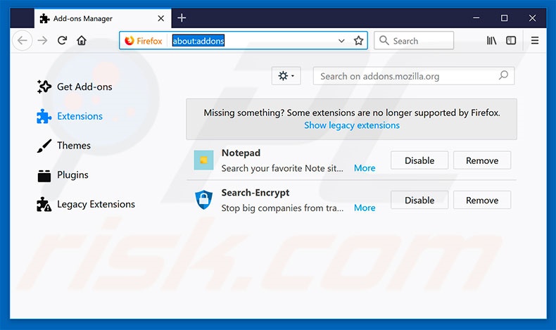 Removing search.hnotepadpro.co related Mozilla Firefox extensions