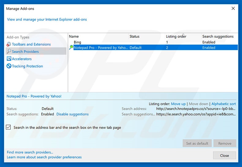 Removing search.hnotepadpro.co from Internet Explorer default search engine