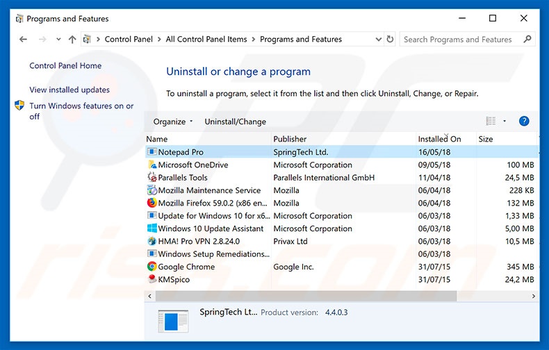 search.hnotepadpro.co browser hijacker uninstall via Control Panel