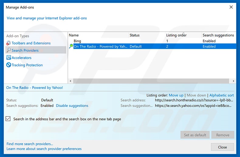 Removing search.hontheradio.co from Internet Explorer default search engine
