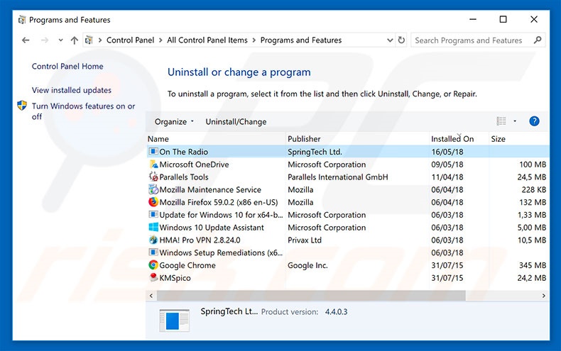 search.hontheradio.co browser hijacker uninstall via Control Panel